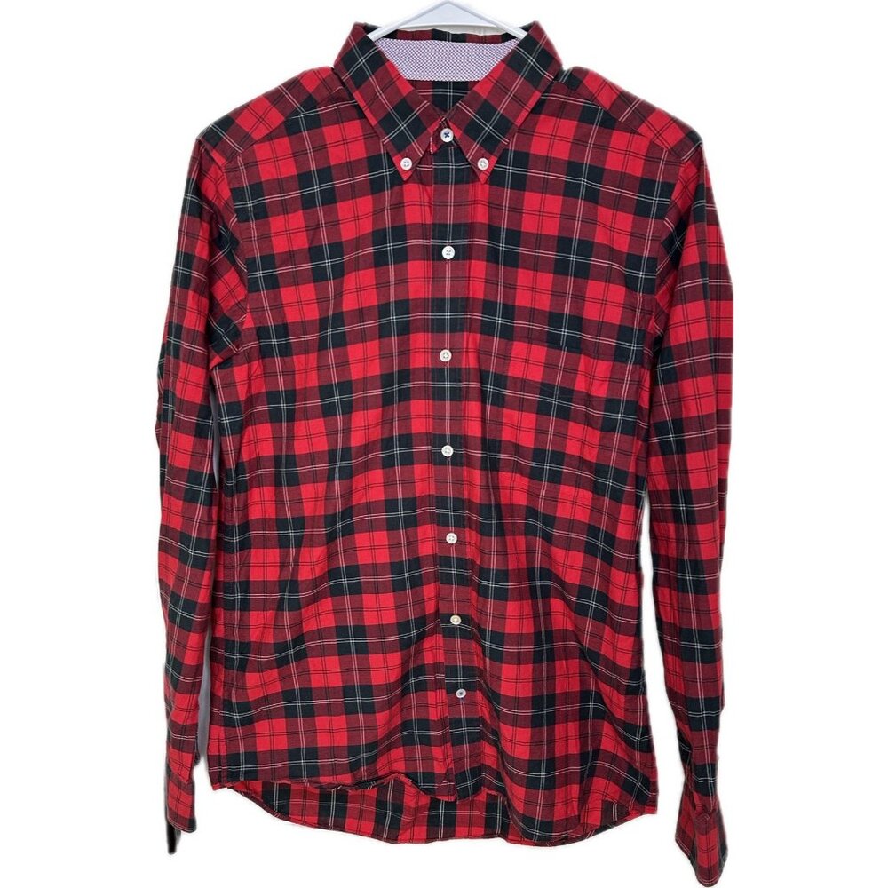 J Mclaughlin Mens Button Down Shirt S Modern Fit Plaid Red Long Sleeves